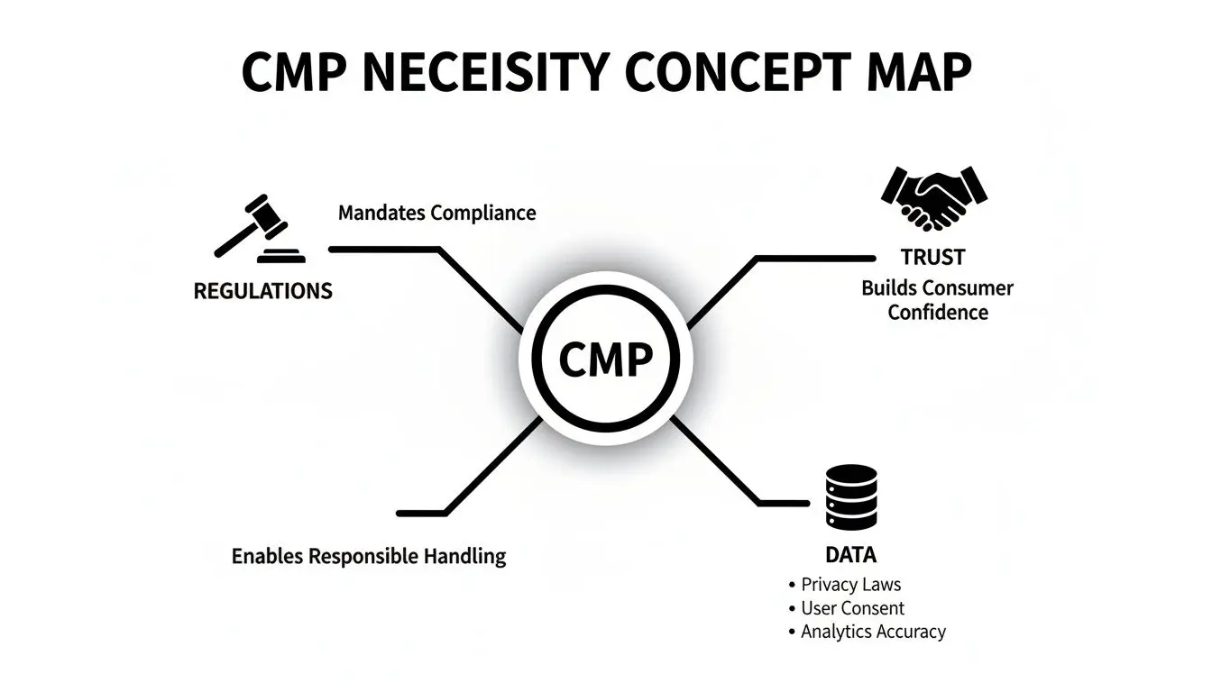 Mappa concettuale che illustra la necessità di una Piattaforma di Gestione del Consenso (CMP) per la conformità, la fiducia e la gestione responsabile dei dati.