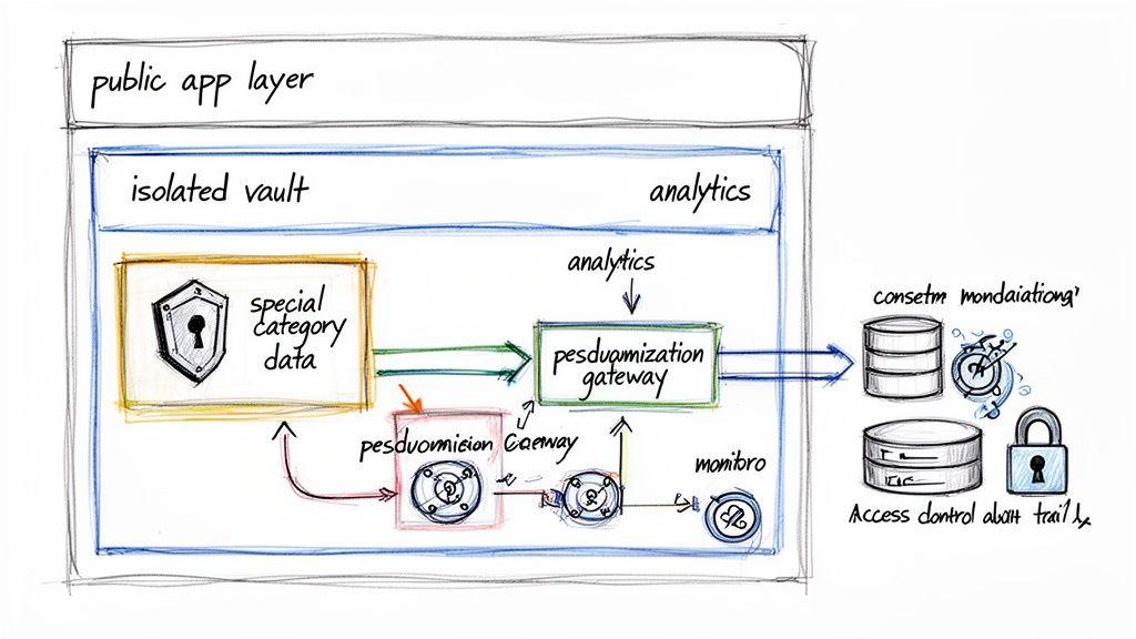 Un diagramma di flusso dati che mostra il trattamento di dati appartenenti a categorie particolari, la pseudonimizzazione e il controllo degli accessi all'interno di un vault isolato.