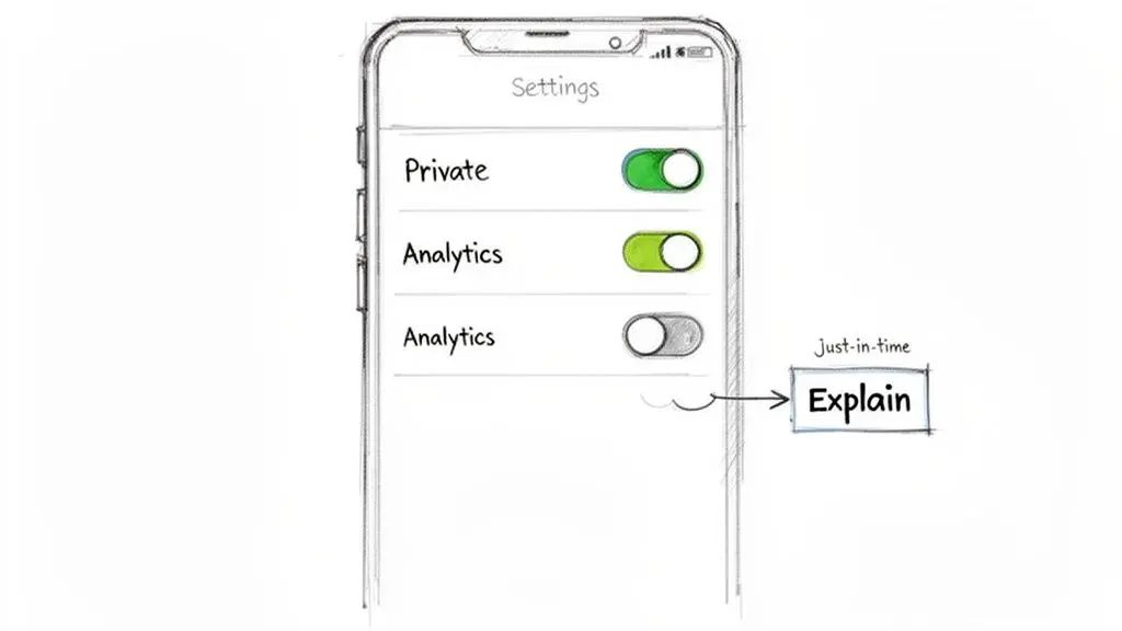 Schizzo di uno schermo impostazioni smartphone che mostra interruttori Private e Analytics, con un pulsante 'just-in-time Explain'.