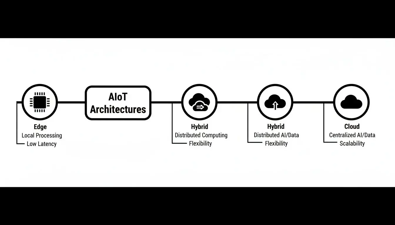 Diagram illustrating AIoT architectures: Edge, Hybrid distributed computing, Hybrid distributed AI/data, and Cloud.