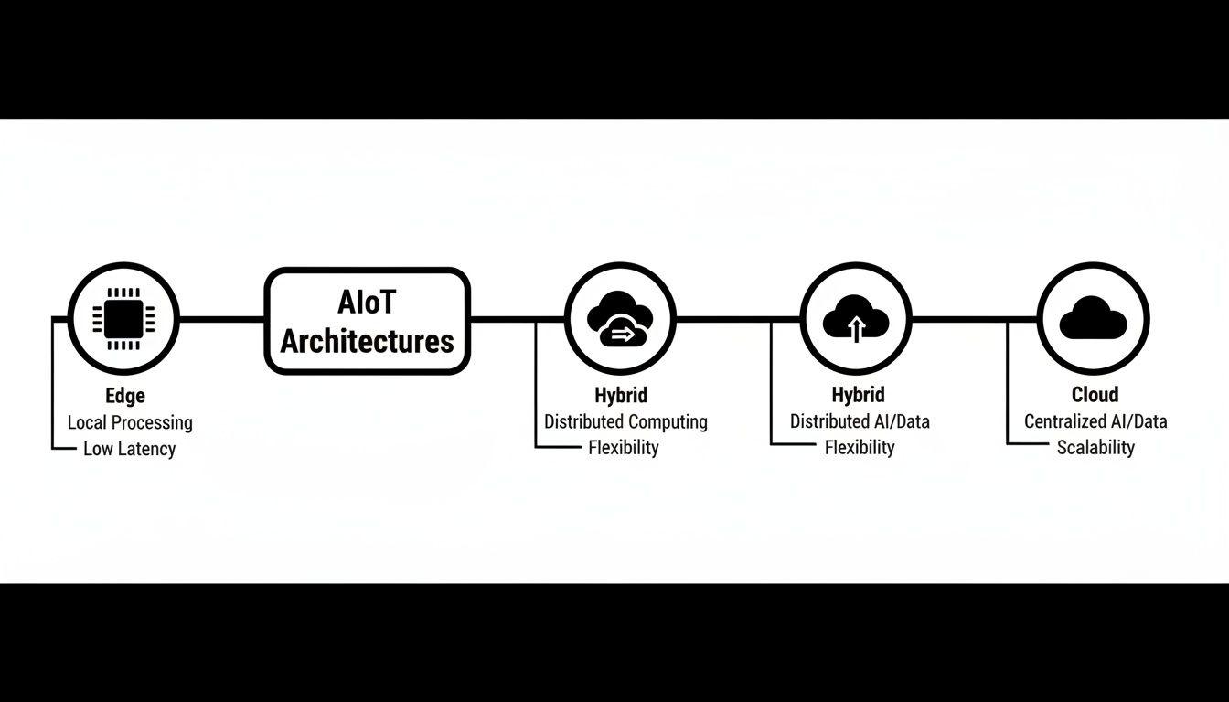 Diagramma che illustra architetture AIoT: Edge, calcolo distribuito ibrido, AI/dati distribuiti ibridi e Cloud.
