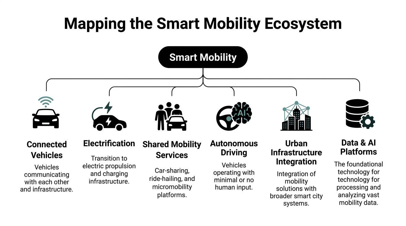 A diagram mapping the smart mobility ecosystem through six core pillars including connected, electric, shared, and autonomous technologies.