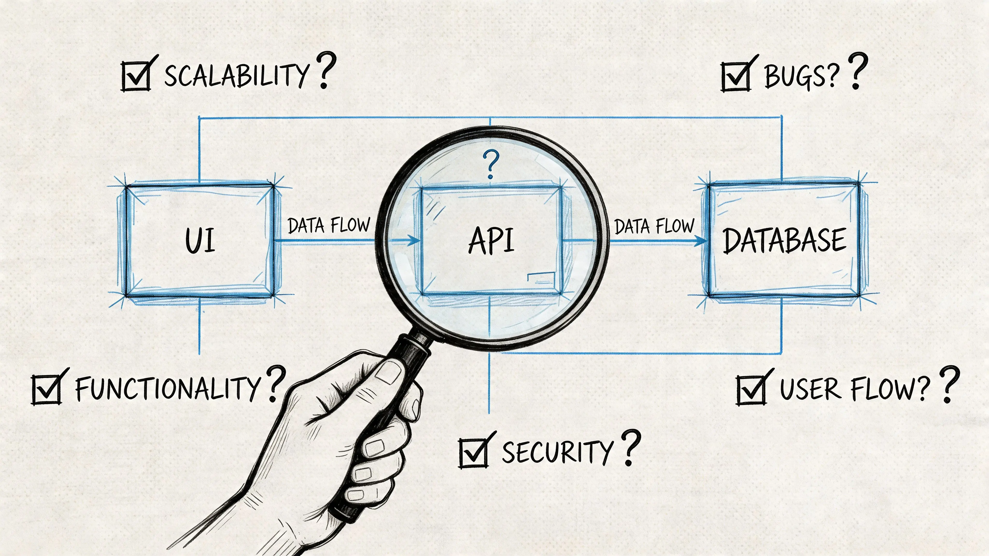 Una mano che regge una lente d’ingrandimento sopra un’icona API che collega UI e database nell’architettura software.
