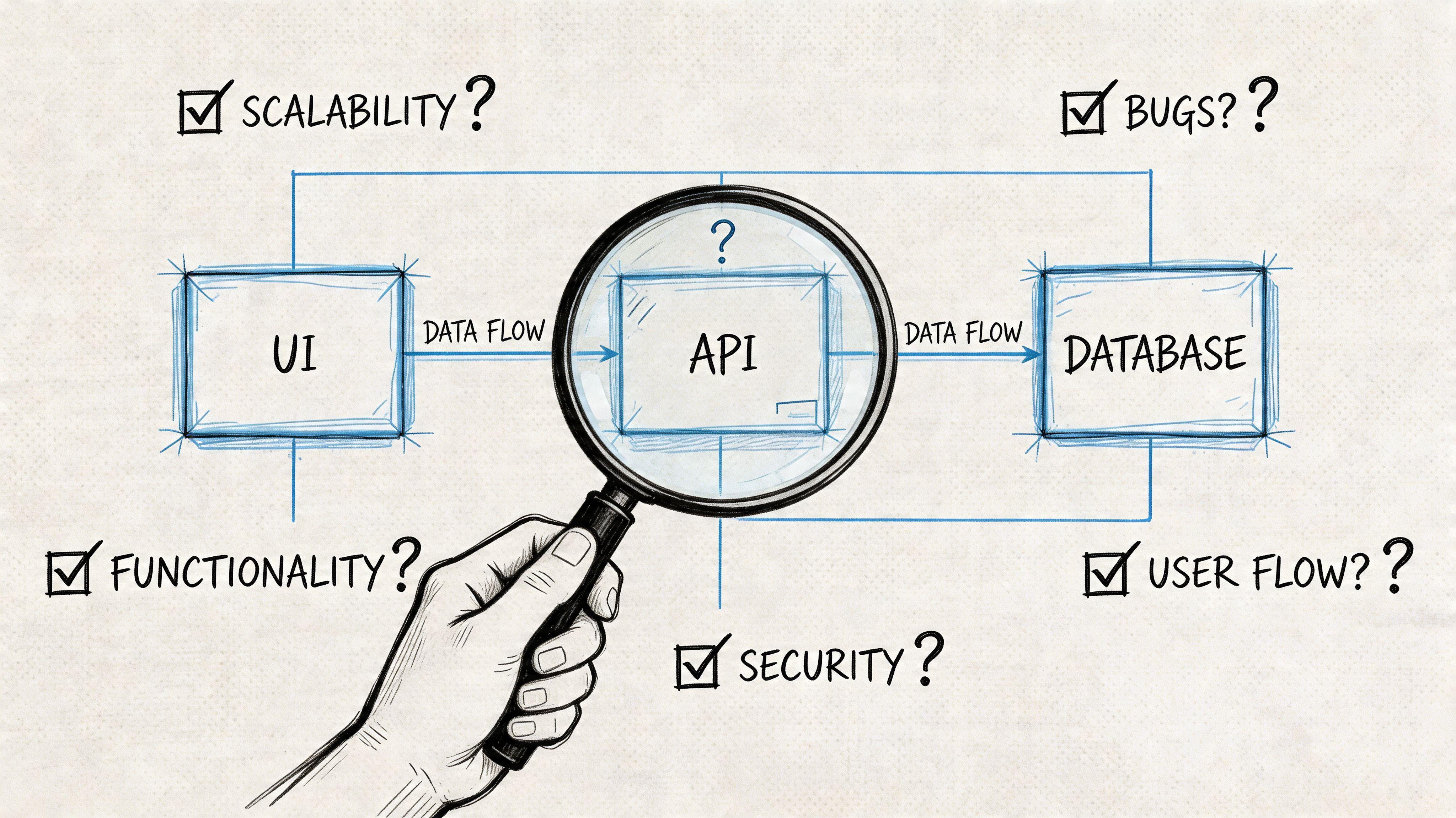 A hand holding a magnifying glass over an API icon connecting UI and database in software architecture.