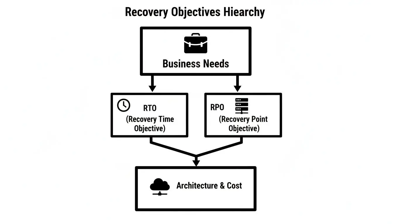 Diagramma che illustra la gerarchia degli obiettivi di ripristino: le esigenze di business influenzano RTO e RPO, portando ad Architettura e Costi.