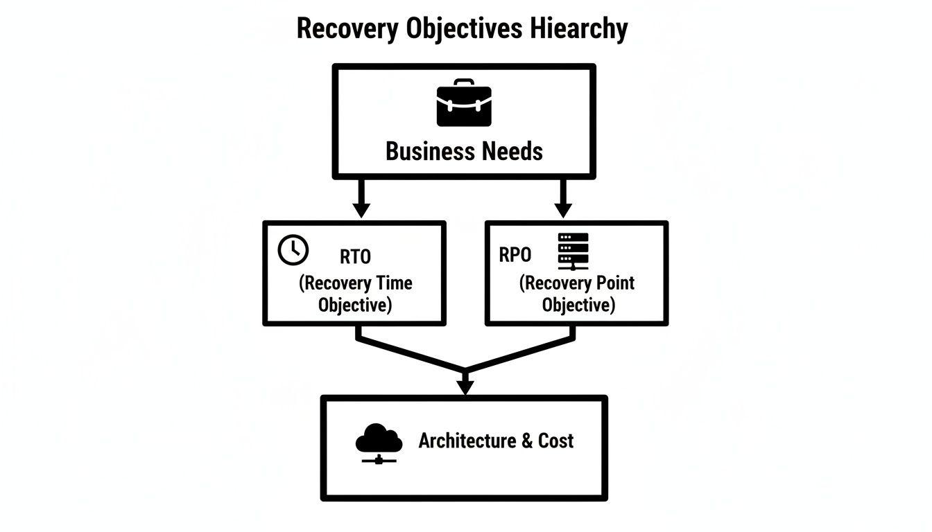 Diagram illustrating recovery objectives hierarchy: Business Needs influence RTO and RPO, leading to Architecture & Cost.