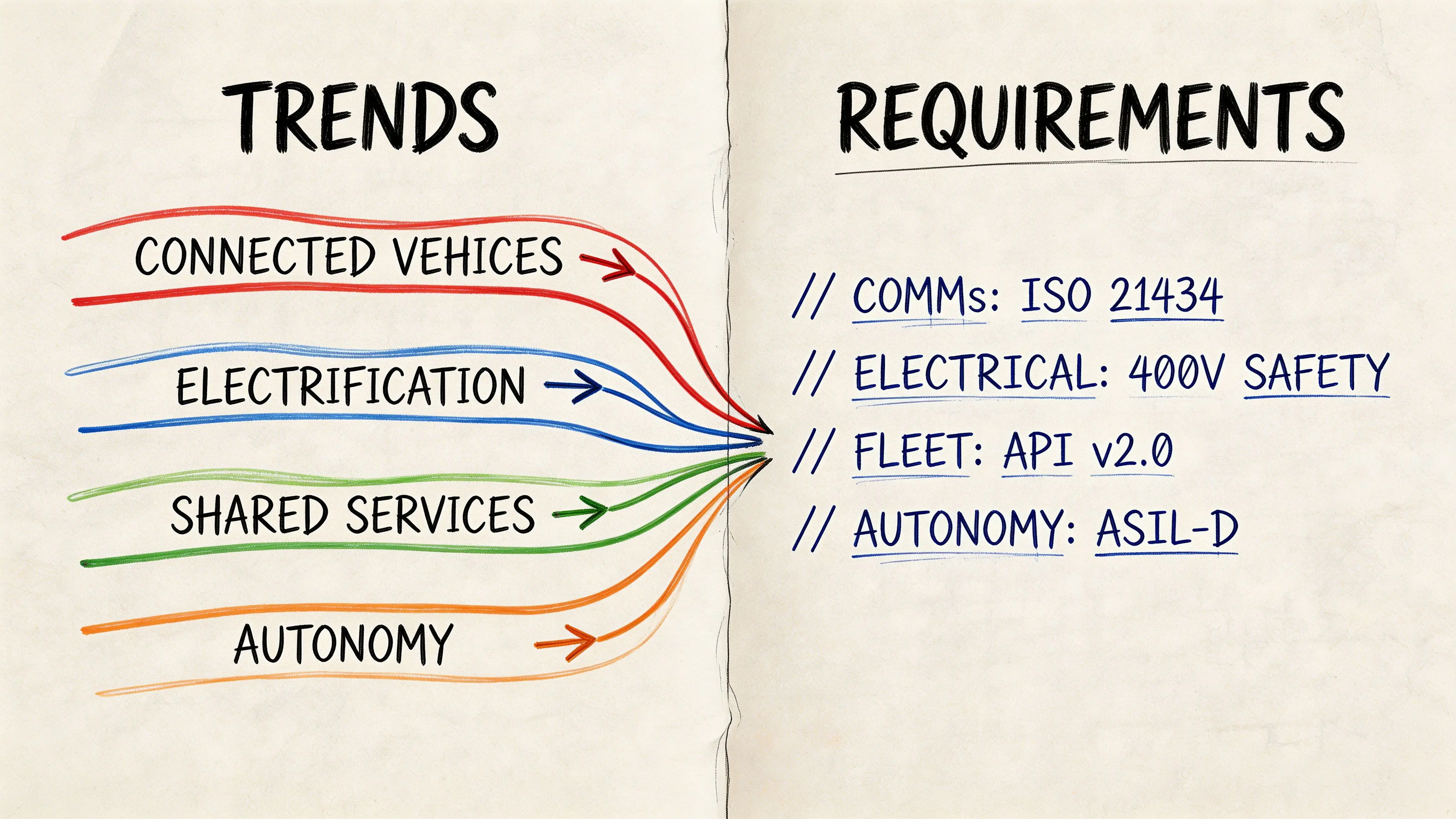 A diagram mapping automotive trends like connectivity and electrification to their corresponding technical safety and API requirements.