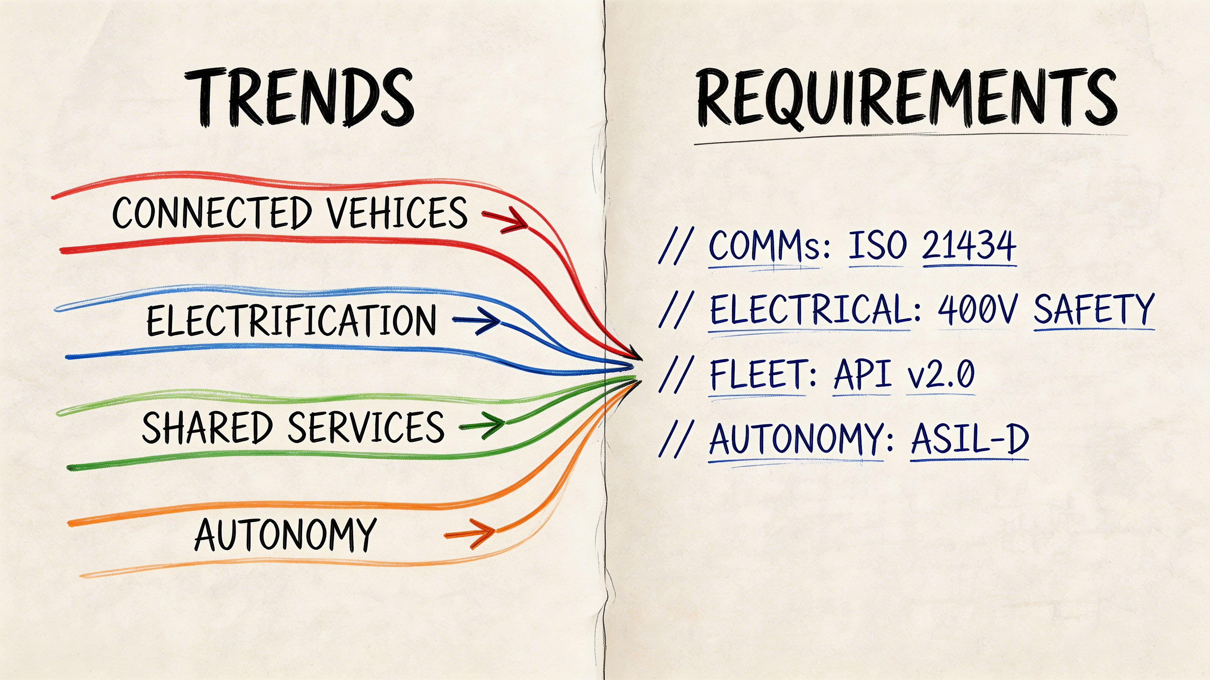 Un diagramma che mappa le tendenze automotive come connettività ed elettrificazione ai relativi requisiti tecnici di sicurezza e API.