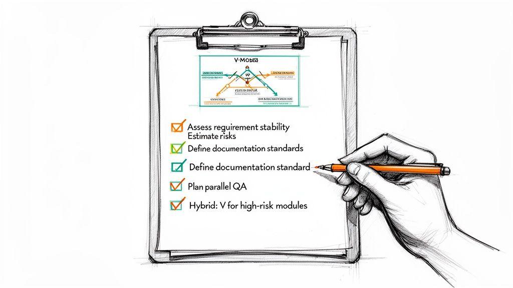 A hand marks a checklist of V-Model software development tasks, including risk assessment.