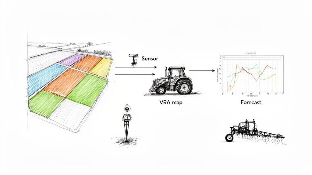 Un diagramma che illustra l'agricoltura di precisione, mostrando campi, sensori, un trattore, un grafico di previsione e uno spruzzatore.