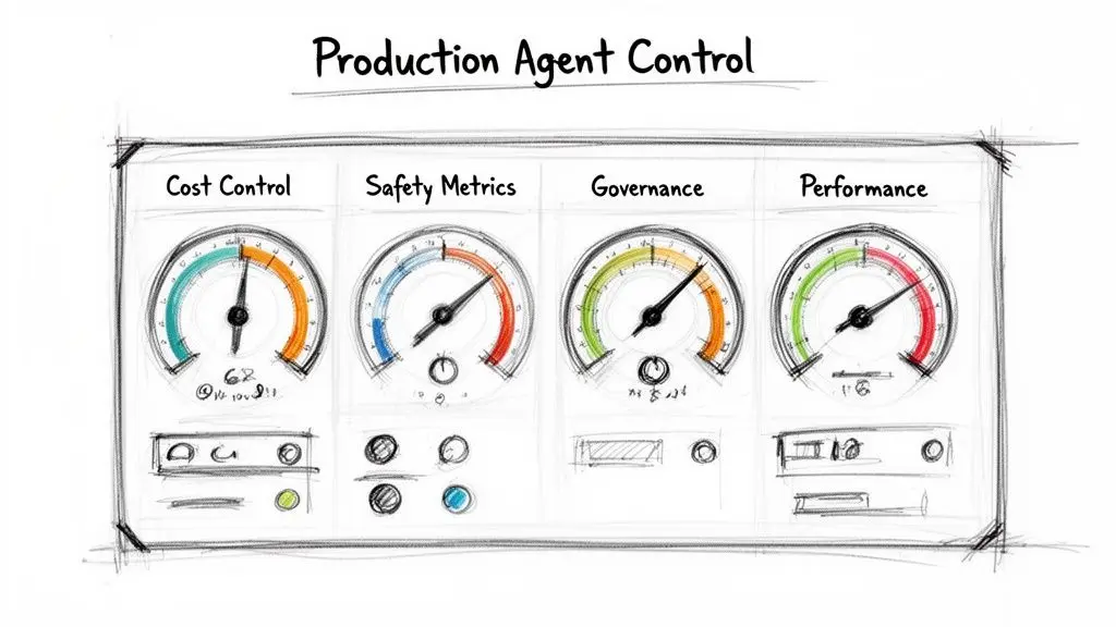 A sketched dashboard for Production Agent Control featuring four gauges measuring cost, safety, governance, and performance.