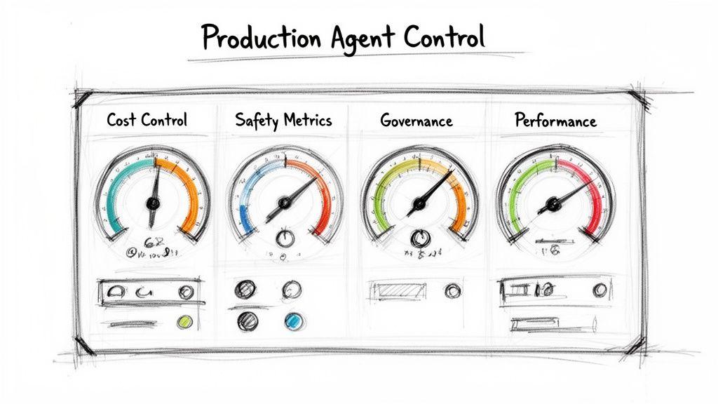 A sketched dashboard for Production Agent Control featuring four gauges measuring cost, safety, governance, and performance.