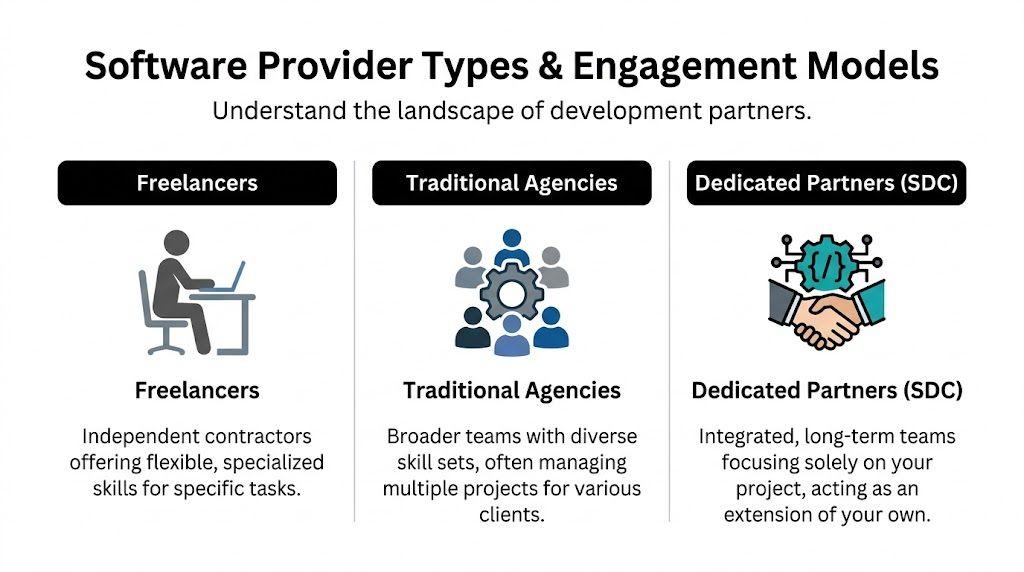 A diagram illustrating the three types of software provider engagement models: freelancers, traditional agencies, and dedicated partners.