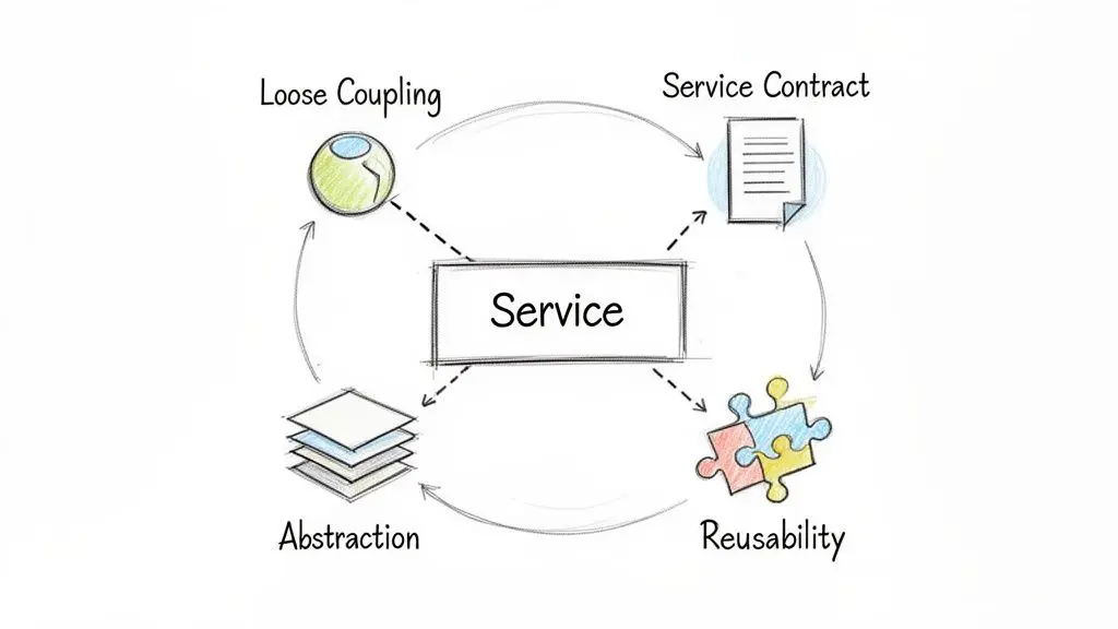 Diagramma che illustra un Servizio e le sue caratteristiche fondamentali: basso accoppiamento, contratto di servizio, riusabilità e astrazione.