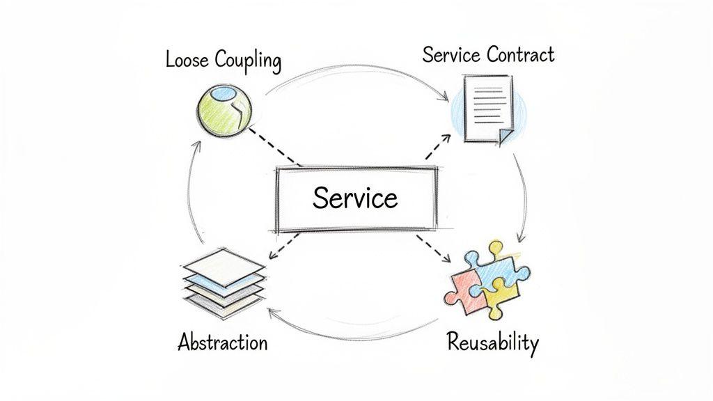 Diagram illustrating a Service and its core characteristics: loose coupling, service contract, reusability, and abstraction.