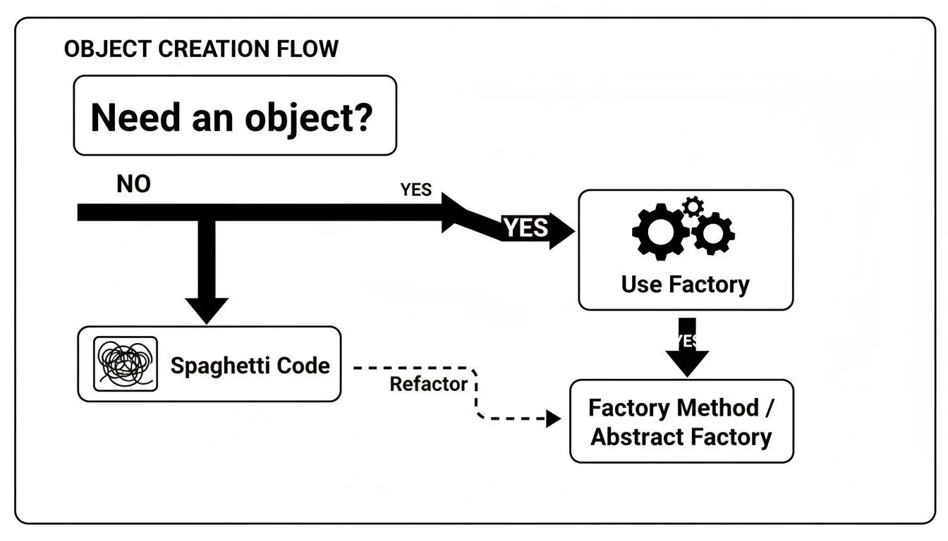 Diagramma di flusso che illustra le decisioni di creazione degli oggetti, mostrando quando usare i factory pattern per evitare codice spaghetti.