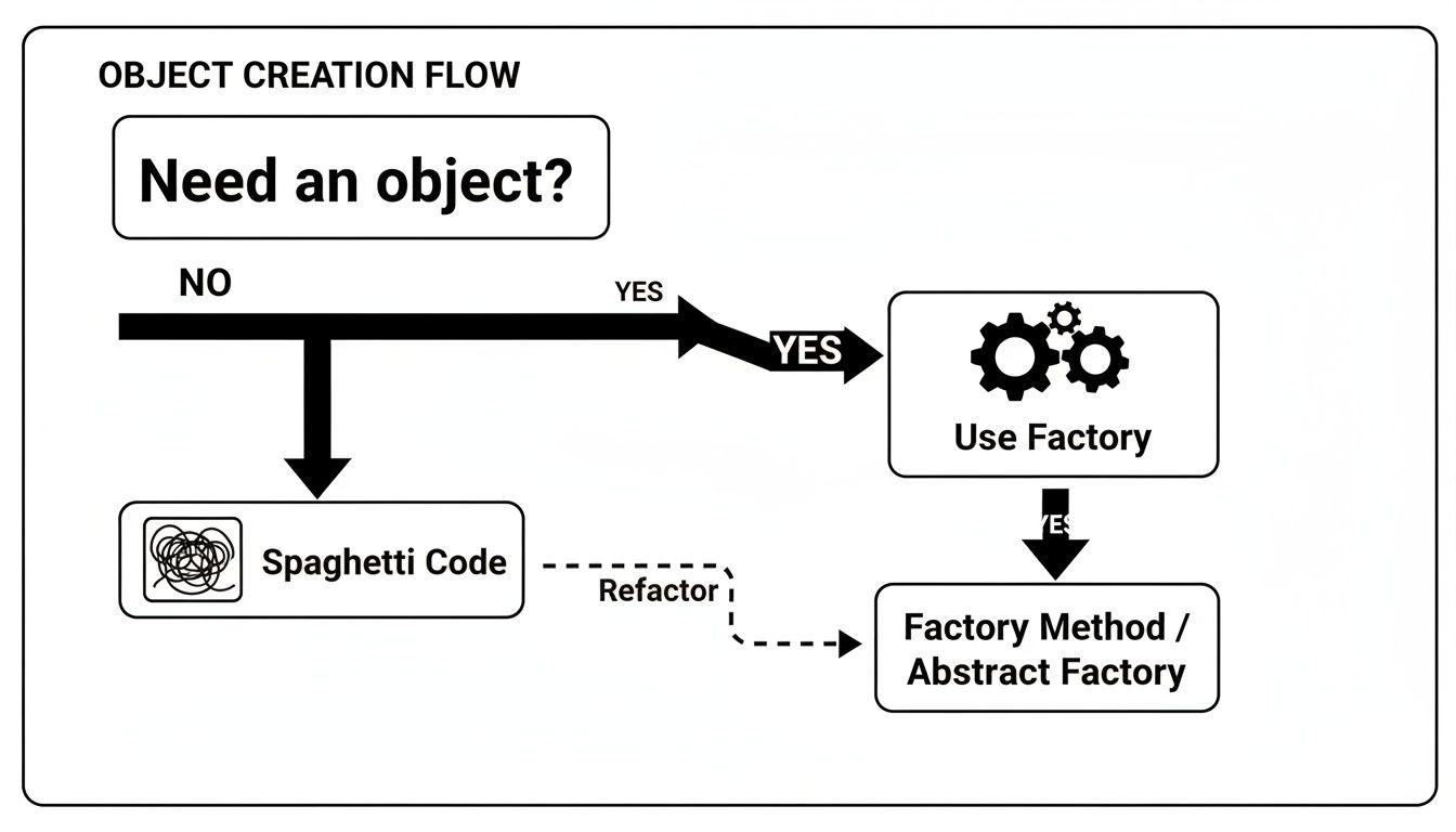 Diagramma di flusso che illustra le decisioni di creazione degli oggetti, mostrando quando usare i factory pattern per evitare codice spaghetti.
