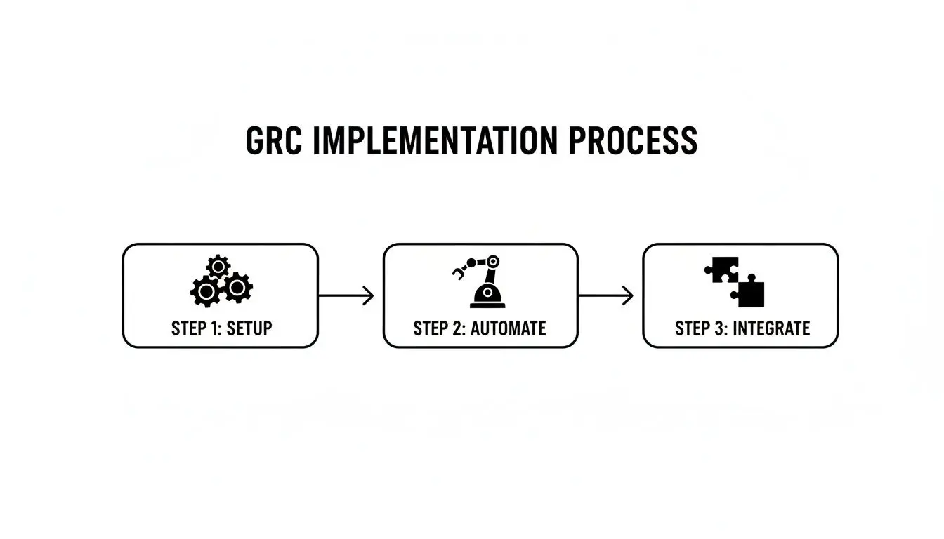 Diagramma di flusso che illustra il processo di implementazione GRC con tre passaggi: configurazione, automazione e integrazione.