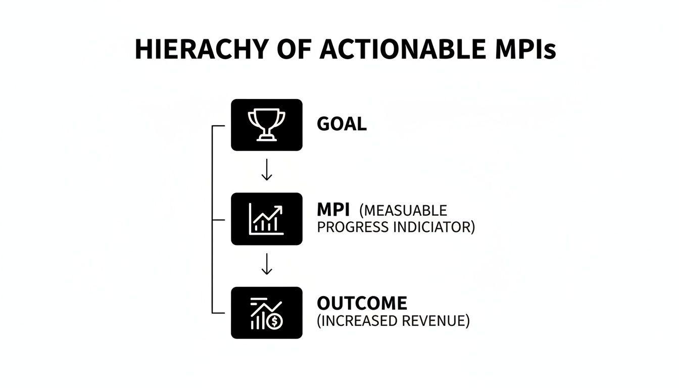 Hierarchy of actionable MPIs diagram showing Goal, Measurable Progress Indicator, and Outcome with increased revenue.