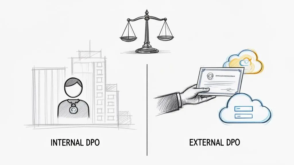 Visualizzazione comparativa tra Responsabili della Protezione dei Dati (DPO) interni ed esterni, con bilance legali a simboleggiare la conformità.