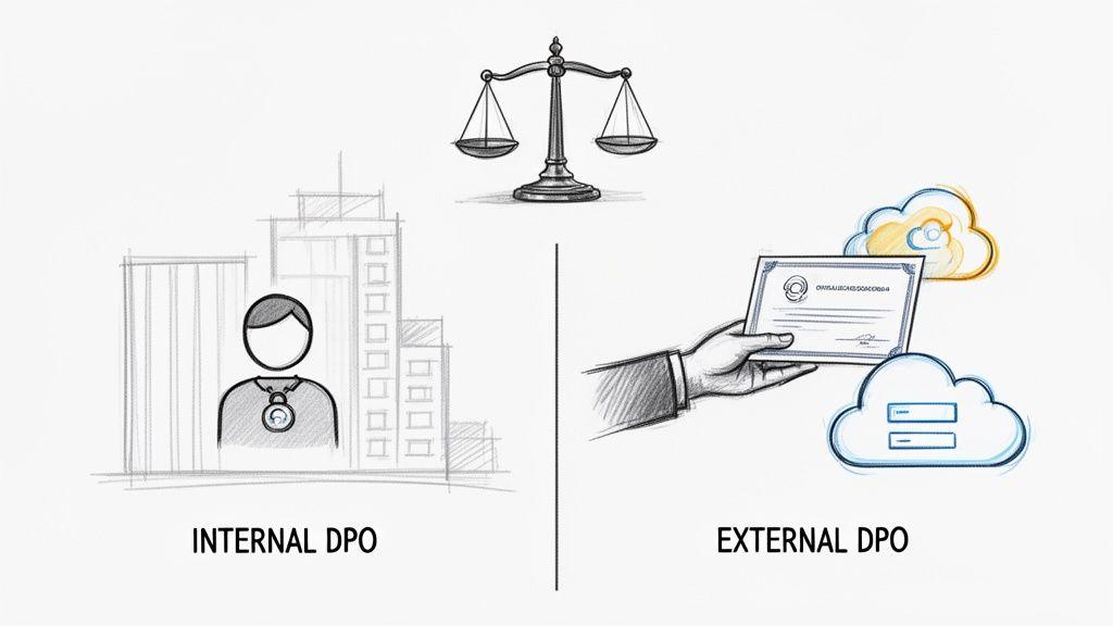Visualizzazione comparativa tra Responsabili della Protezione dei Dati (DPO) interni ed esterni, con bilance legali a simboleggiare la conformità.