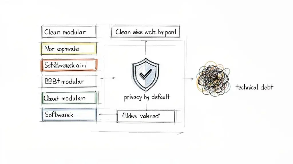 Un diagramma disegnato a mano che illustra la 'privacy per impostazione predefinita' come uno scudo centrale, collegato a vari componenti software e che conduce a un groviglio disordinato che rappresenta il 'debito tecnico'.
