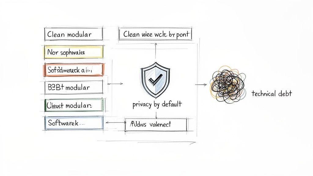 A hand-drawn diagram illustrating 'privacy by default' as a central shield, connected to various software components and leading to a messy tangle representing 'technical debt'.