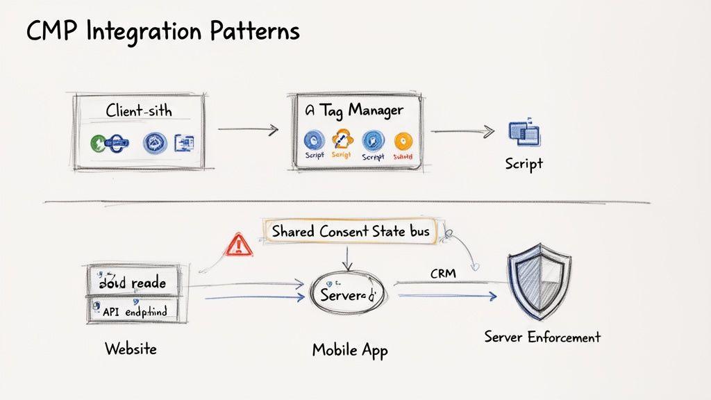 A diagram illustrating client-side and server-side consent management platform integration patterns.
