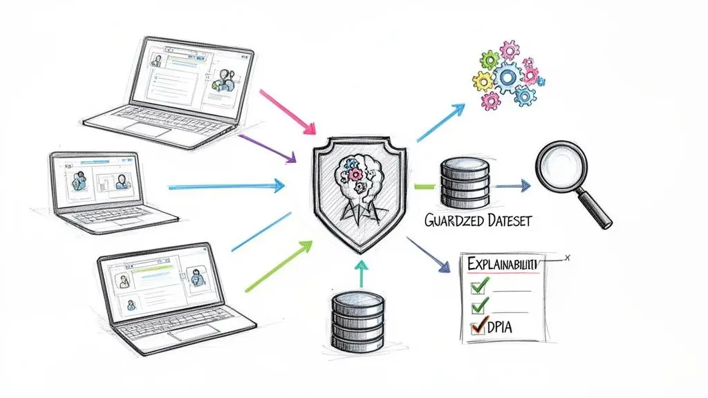 Diagram showing data flow from laptops into a protected AI system and guarded dataset, emphasizing explainability and GDPR compliance.