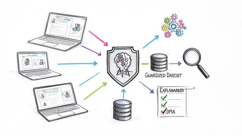 Diagramma che mostra il flusso di dati dai laptop verso un sistema AI protetto e un dataset custodito, enfatizzando spiegabilità e conformità al GDPR.