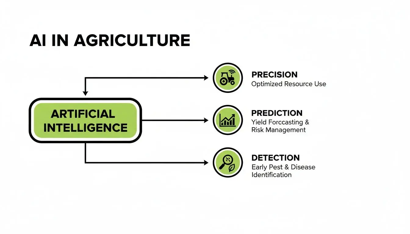 Diagramma che illustra le applicazioni dell’intelligenza artificiale in agricoltura: precisione, previsione e rilevamento per un’agricoltura ottimizzata.