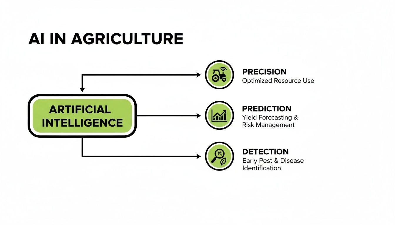 Diagramma che illustra le applicazioni dell'intelligenza artificiale in agricoltura: precisione, previsione e rilevamento per un'agricoltura ottimizzata.