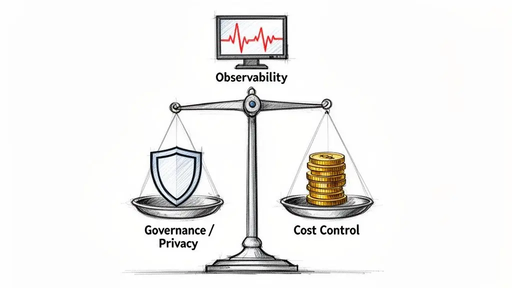Osservabilità che sovrintende a una bilancia equilibrata, confrontando governance/privacy (scudo) con controllo dei costi (monete).