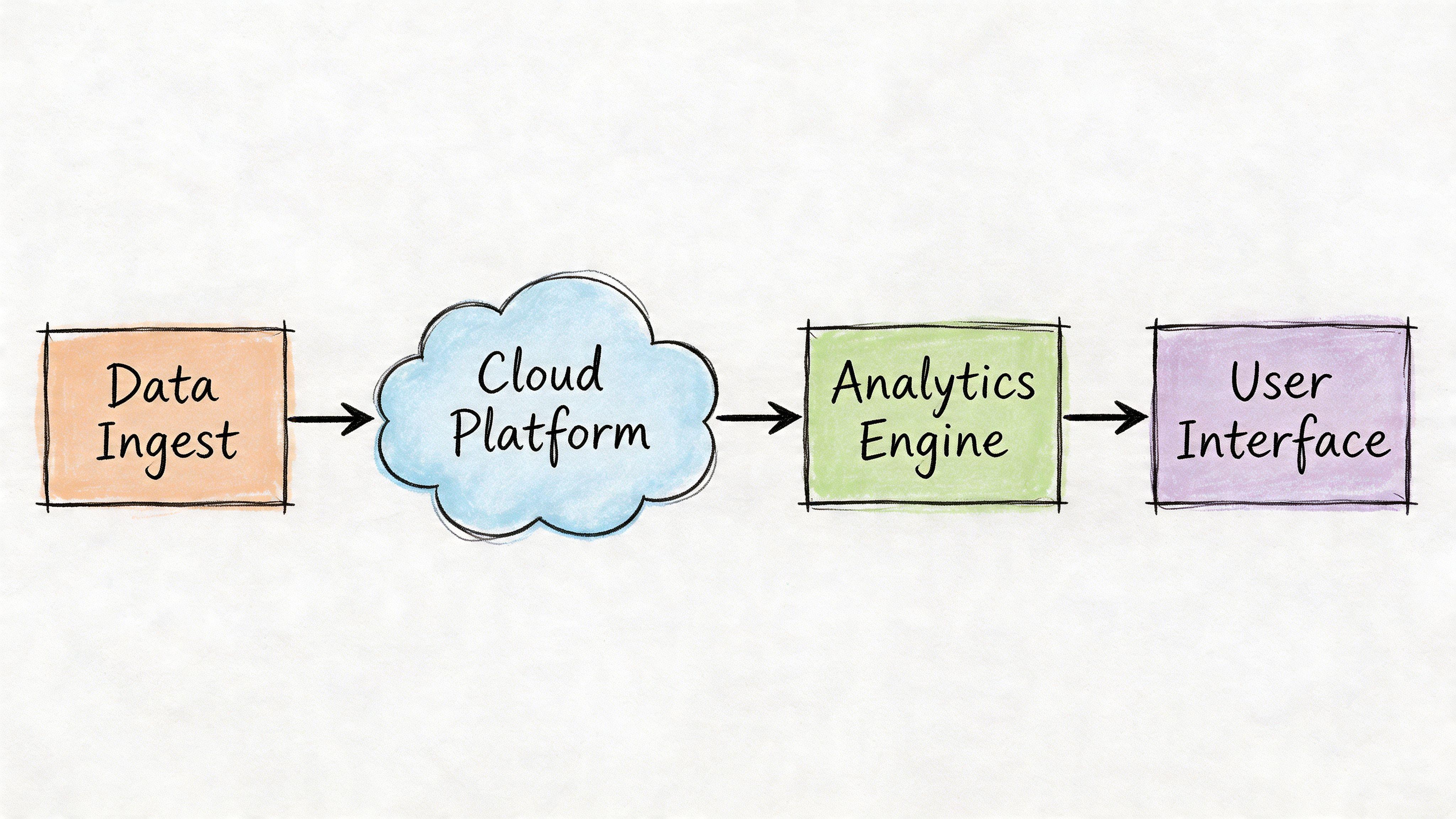 A hand-drawn flowchart illustrating the data pipeline process from ingestion through cloud storage to final user interface.