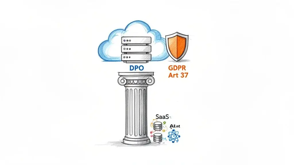 Un’illustrazione che mostra l’Articolo 37 del GDPR e il DPO a supporto di sistemi cloud, SaaS e AI.