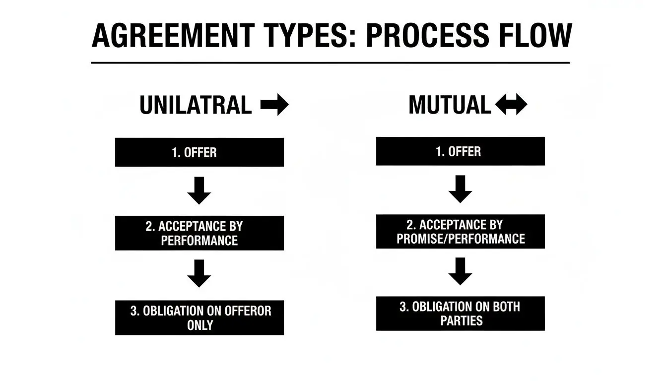 Diagramma di flusso che illustra le fasi del processo per i tipi di accordo unilaterale e reciproco, dall'offerta all'obbligo.