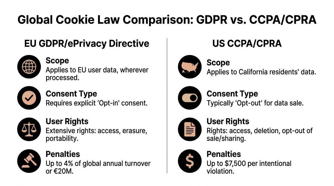 A comparison chart outlining key differences between EU GDPR and US CCPA/CPRA cookie laws regarding privacy requirements.