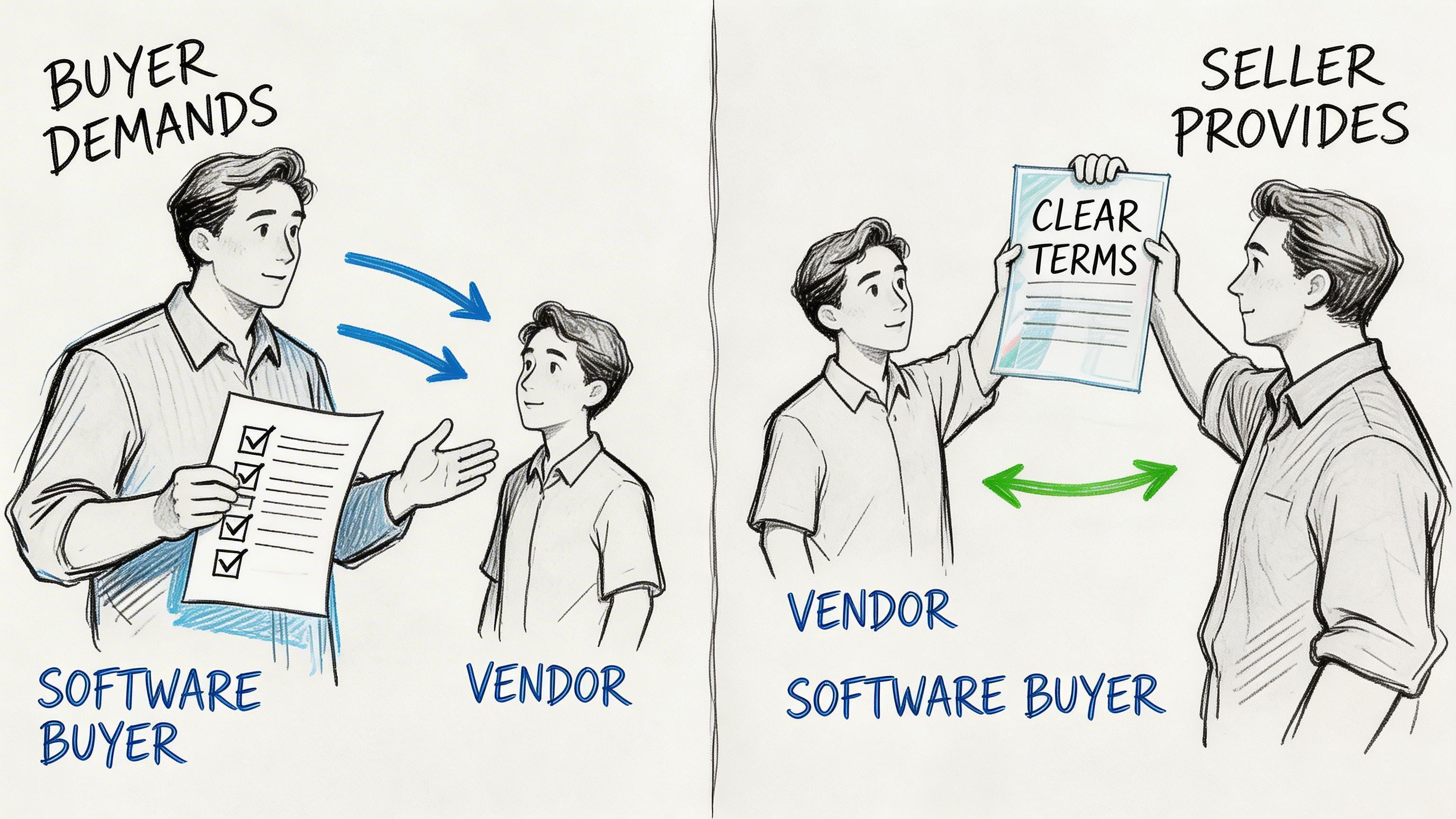 A split illustration showing a software buyer making demands to a vendor, followed by a vendor providing clear terms.