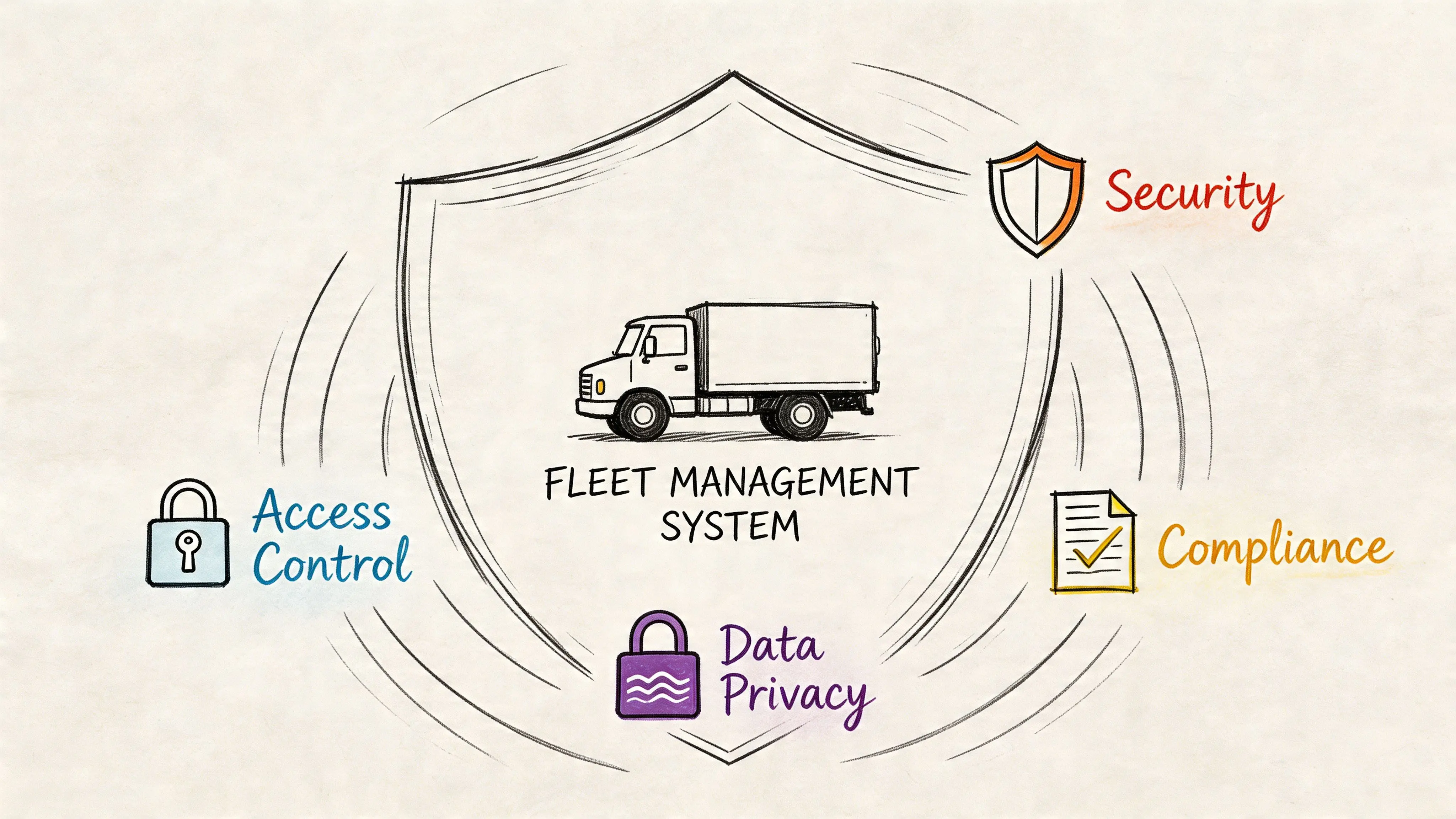 Un’icona di scudo disegnata a mano che protegge un camion, rappresentando sicurezza del sistema di gestione flotte, conformità, controllo degli accessi e privacy.