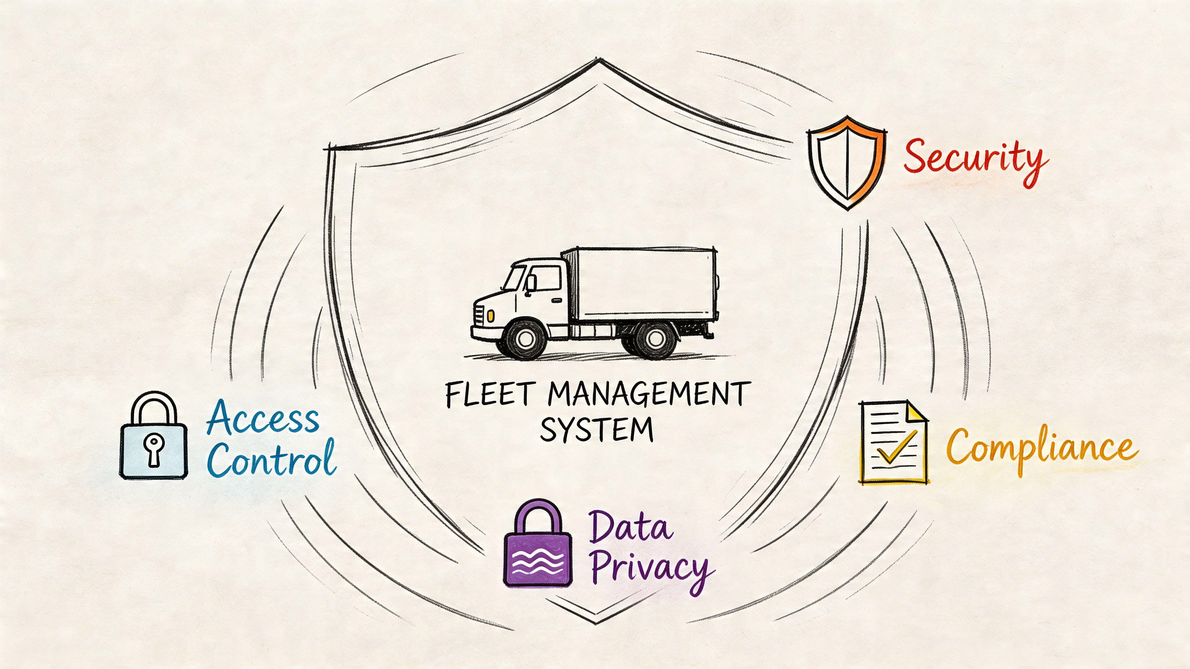 A hand-drawn shield icon protecting a truck, representing fleet management system security, compliance, access control, and privacy.