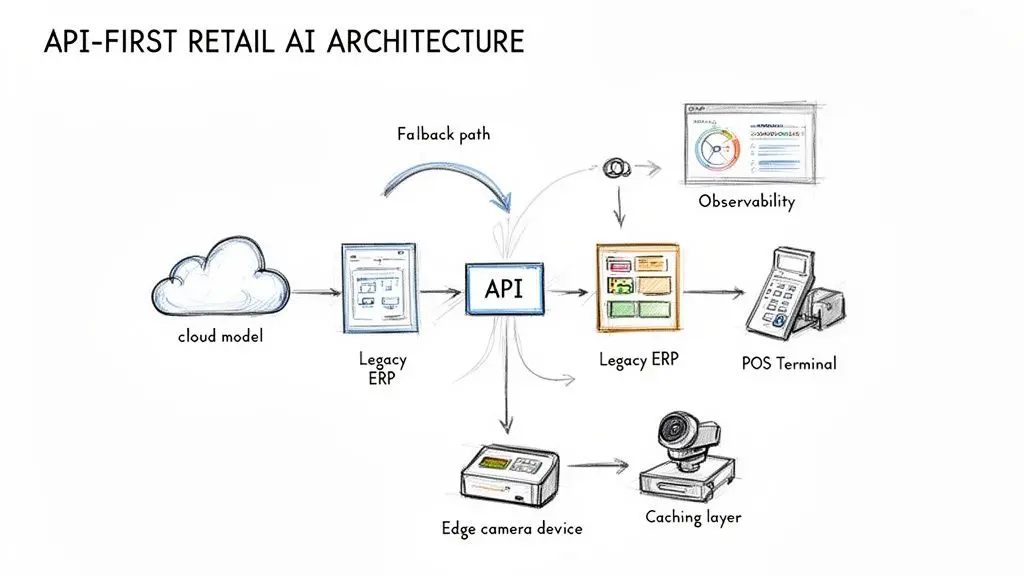Diagramma che illustra un'architettura AI per il retail API-first, collegando modelli cloud, ERP, POS e dispositivi edge.