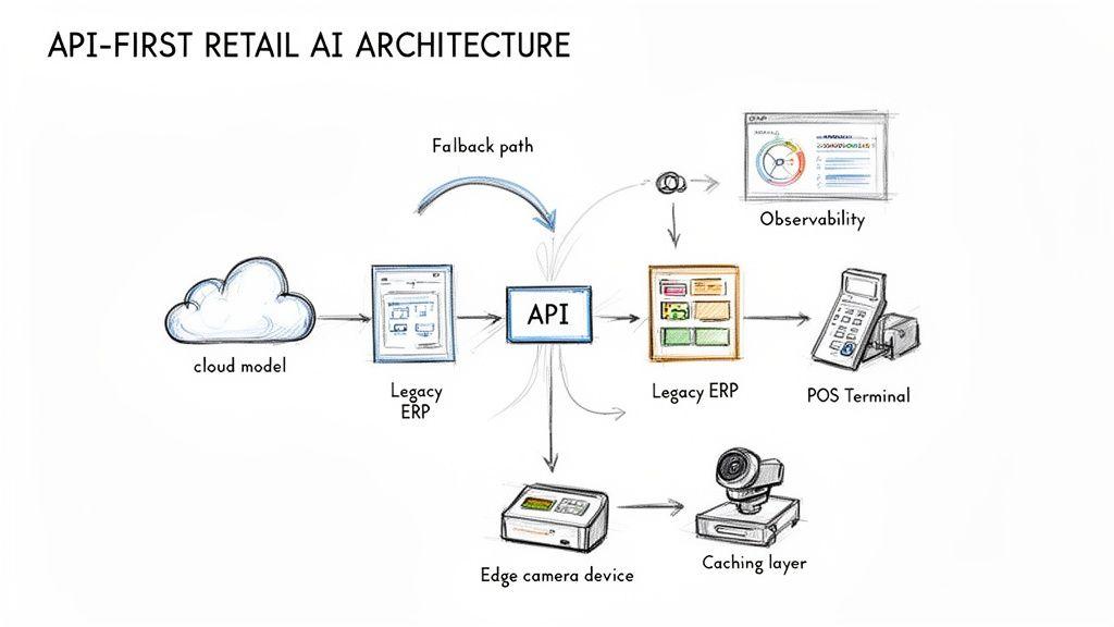 Diagramma che illustra un'architettura AI per il retail API-first, collegando modelli cloud, ERP, POS e dispositivi edge.