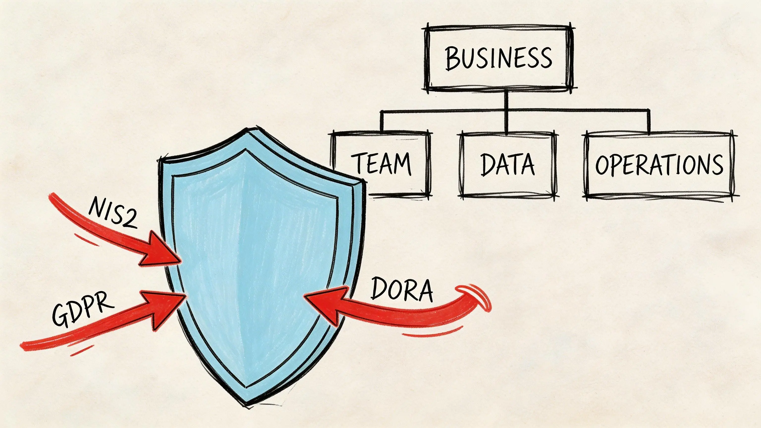 Uno schema concettuale che mostra uno scudo che protegge componenti aziendali etichettati Team, Dati e Operazioni dalle normative.