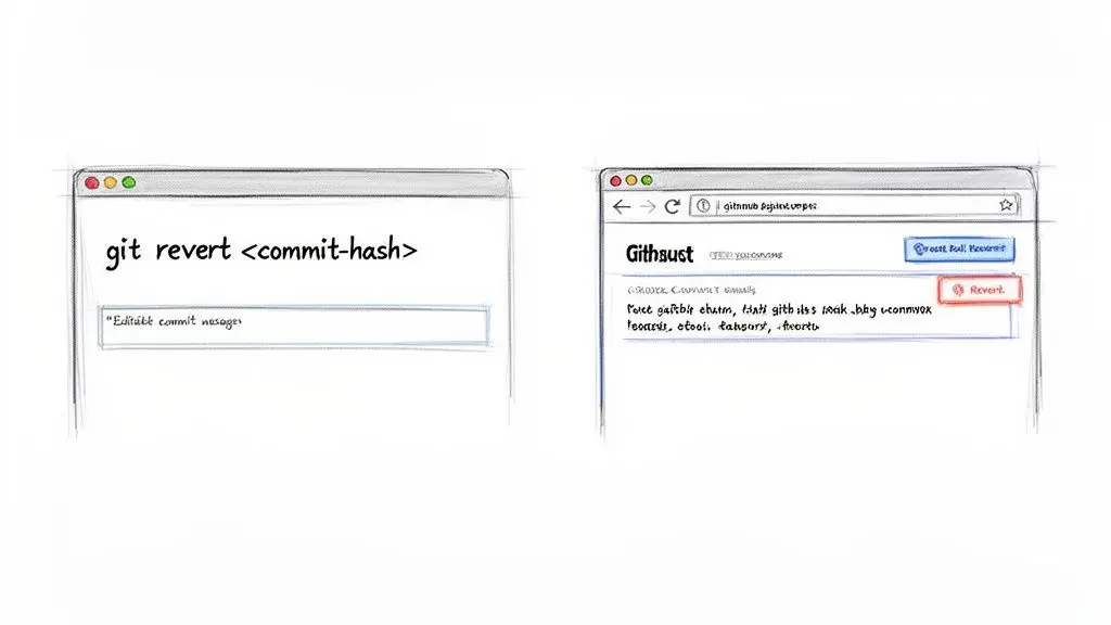 Diagramma che mostra due metodi per revertire un commit Git: comando git revert e interfaccia web.