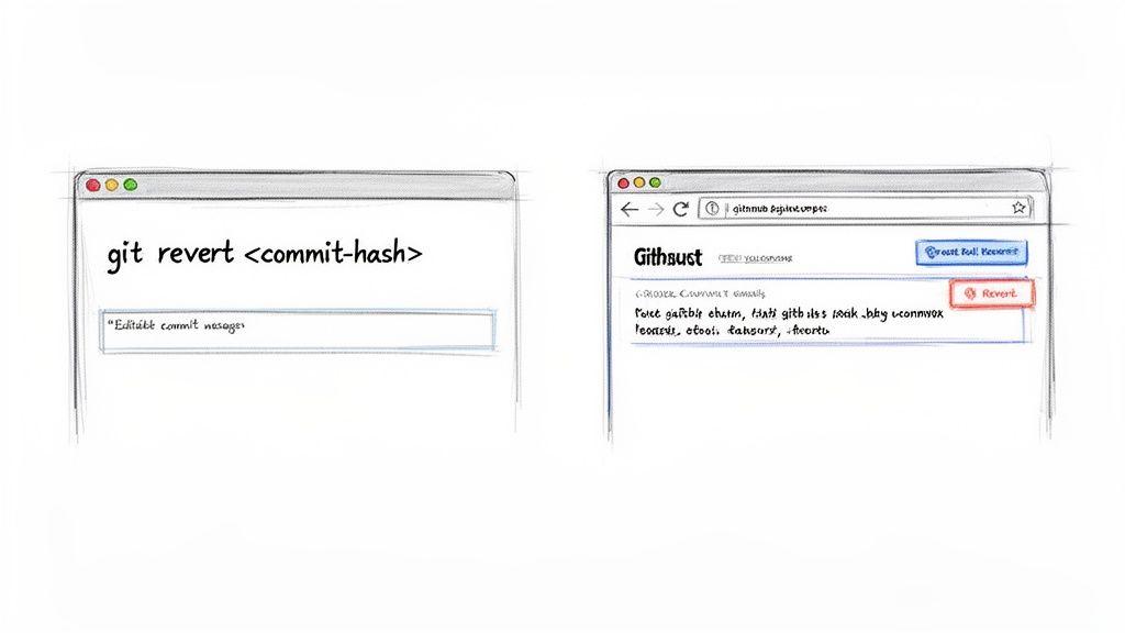 Diagramma che mostra due metodi per revertire un commit Git: comando git revert e interfaccia web.