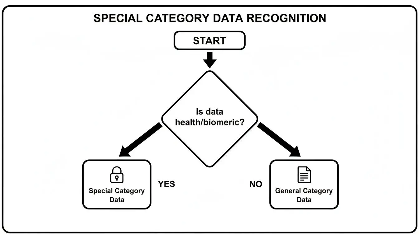 Flowchart illustrating data recognition, classifying health/biometric data as special category for GDPR compliance.