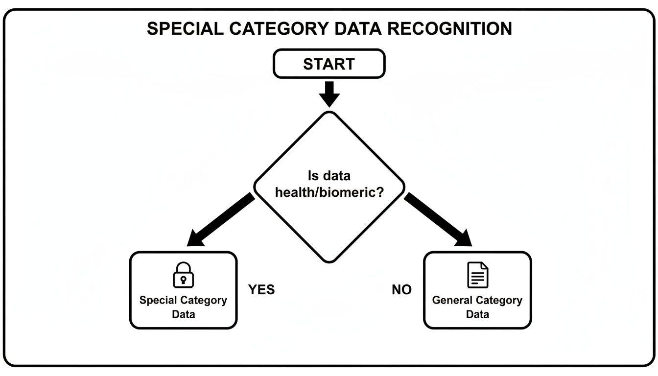 Diagramma di flusso che illustra il riconoscimento dei dati, classificando i dati sanitari/biometrici come categoria particolare per la conformità al GDPR.