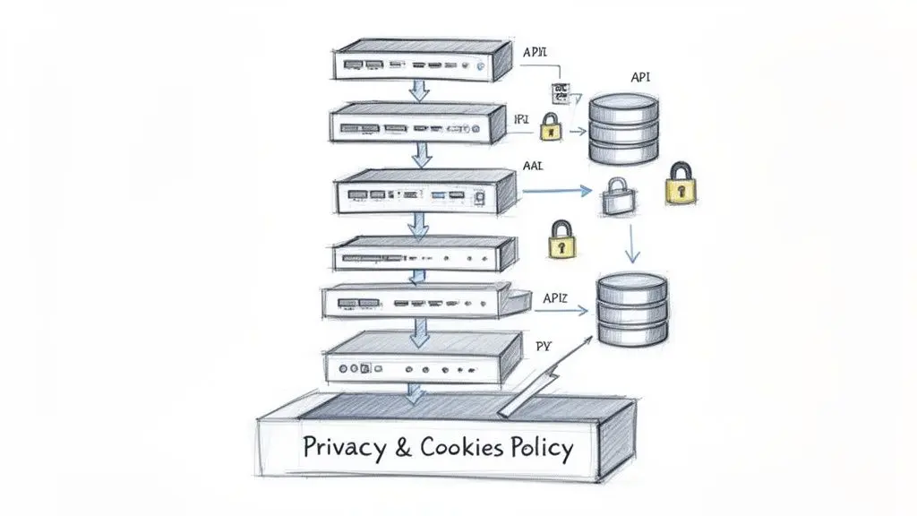 Uno schema dettagliato che illustra un'architettura di sistema multilivello con server, database e privacy policy.
