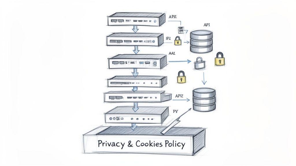 A detailed diagram illustrating a multi-layered system architecture with servers, databases, and privacy policy.