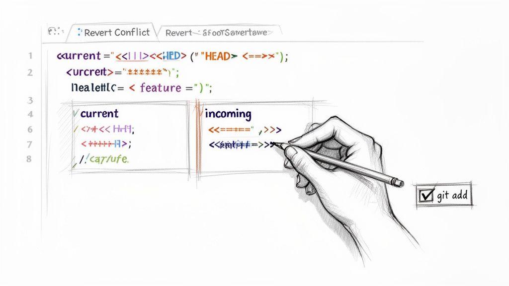 Disegno a mano su uno schermo che mostra codice con un conflitto di merge da git revert e la checkbox 'git add'.